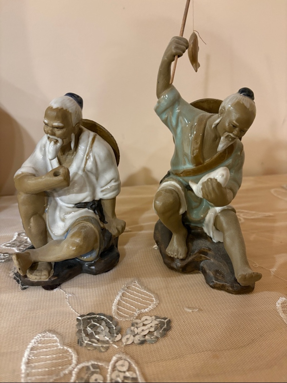 Vintage Chinese Shiwan Hand-Painted Ceramic Fishermen Figurines